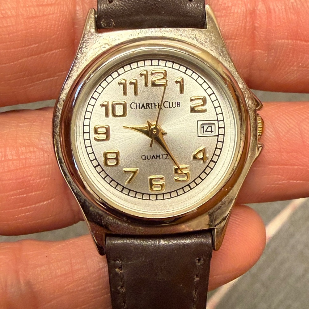 Charter Club Quartz Watch Brown Leather Band Silver Gold Tone Date Window Works